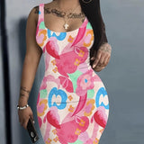 Ladies' Printed Waist-Cinching U-Neck Dress – Casual & Figure-Hugging