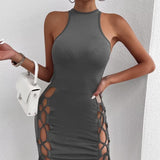 Women's Solid Color Sleeveless Dress | Sexy Cross-Tie Hip-Hugging Skirt with Slit