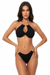 Black ribbed bikini set with gold chain straps and cut-out halter top, luxury swimwear on white background