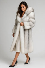 Women's long white faux fur coat with hood - luxury winter outfit