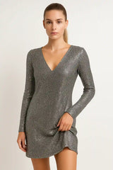 Silver sequin mini dress for women with long sleeves and deep V-neck — party outfit