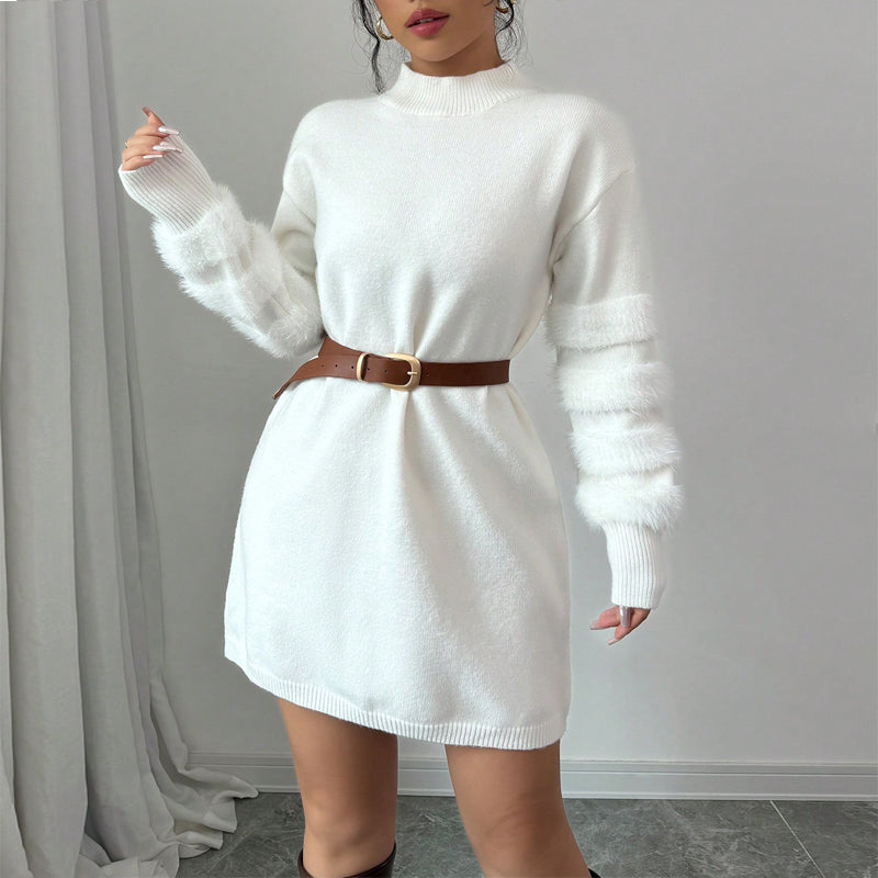 Plush Faux Fur Trim Mini Dress