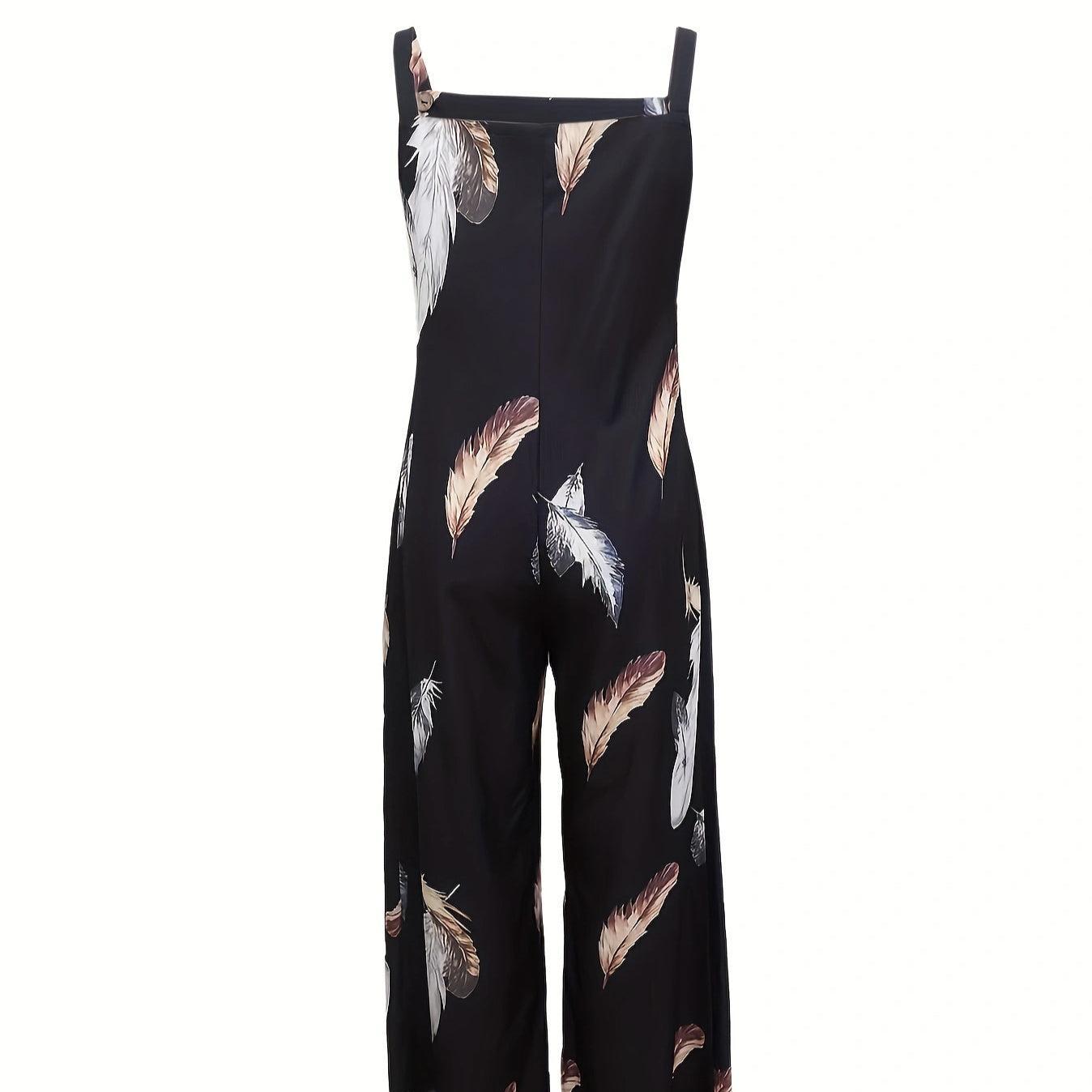 Women’s Feather Print Ruffle Hem Pleated Jumpsuit | Fashionable and Chic