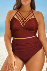 Full Size Halter Neck Crisscross Ruched Two-Piece Swimsuit-Rust-4