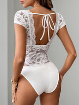 Perfee Lace Backless V-Neck Cap Sleeve Bodysuit-2