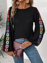 Embroidered Round Neck Long Sleeve Top-Black-1