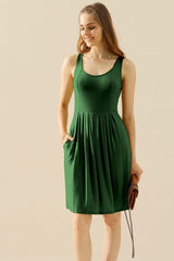 Doublju Full Size Round Neck Ruched Sleeveless Dress with Pockets-DEEP GREEN-6