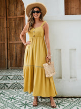 Women's Textured Cotton Maxi Dress - Elastic Smocked Front, Bow-Tie Back, And Lace Trimmed Hem In Elegant Yellow-Green-White