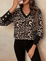 Decorative Button Leopard V-Neck Long Sleeve T-Shirt-5