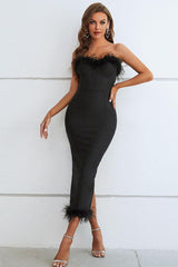 Feather Trim Strapless Sweetheart Neck Dress-2