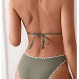 Solid-color Floral-print Halter-style Two-piece Swimsuit