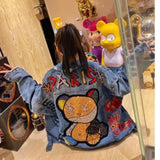 Oversized Denim Jacket with Cartoon Embellishments – Vibrant Street Style-3