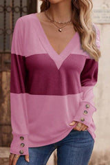 Decorative Button Contrast V-Neck Long Sleeve T-Shirt-Red-Violet-10