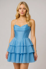 Blue Tiered Sweetheart Dress