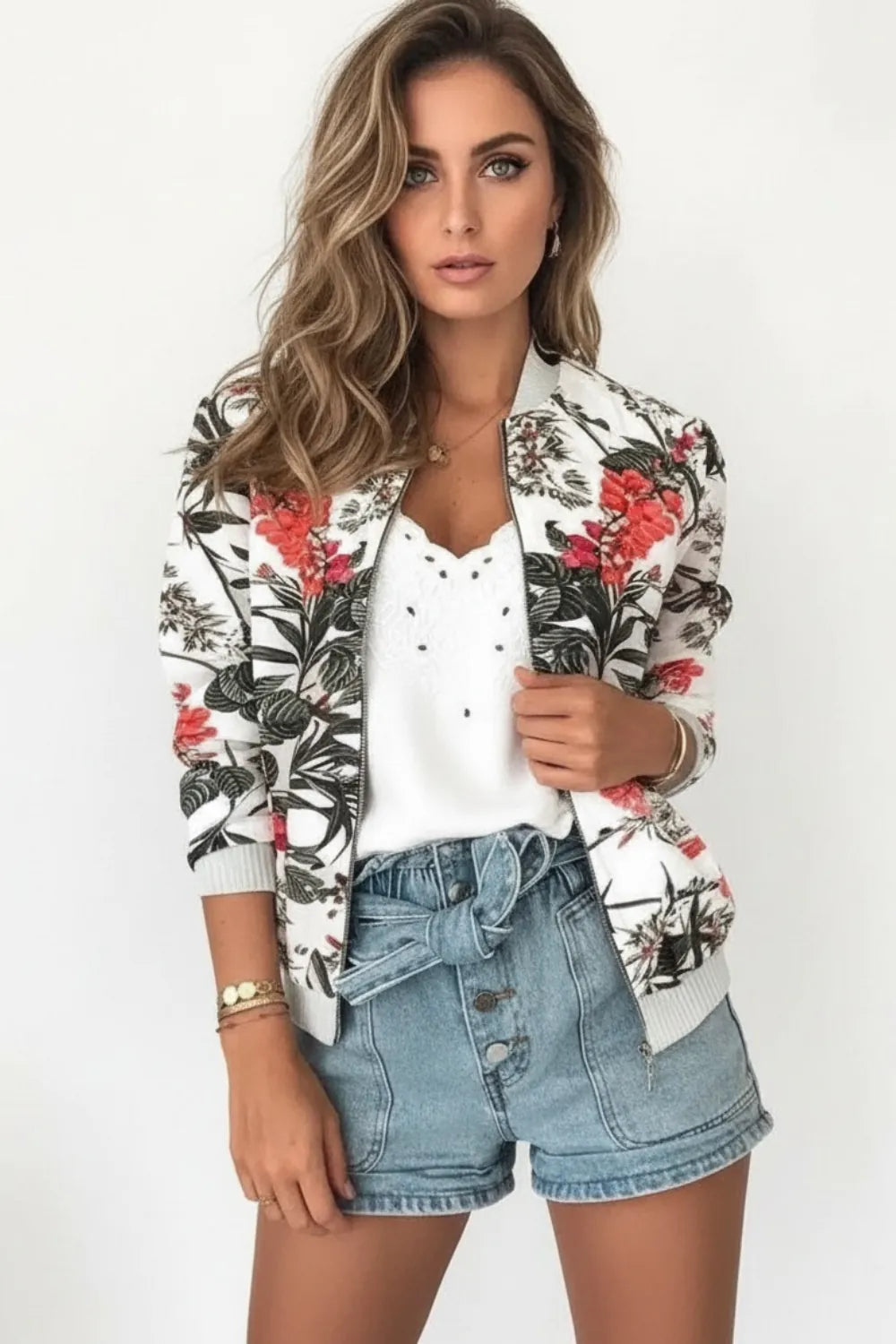 Women's floral bomber jacket with tropical print, casual lightweight zip-up for summer fashion looks