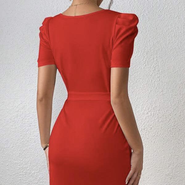 Women's Solid Color Notch V-Neck Belted Waist Dress
