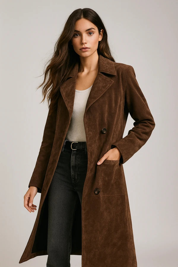 Long brown suede coat with button details for women