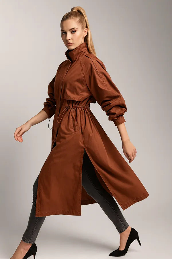 Long brown trench coat for women - belted lightweight fall outerwear