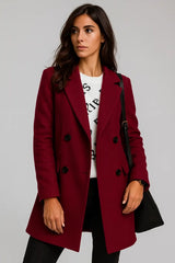 Chic burgundy wool coat for women – stylish double-breasted fall outerwear
