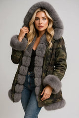 Women's camouflage parka with gray faux fur hood and cuffs - trendy winter jacket