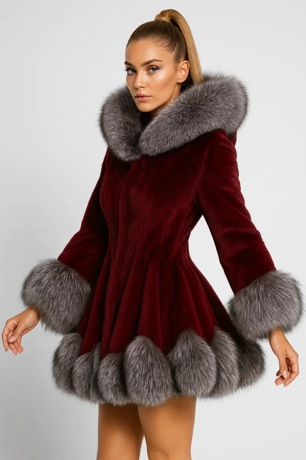 Luxury women’s white faux fur coat with silver fox trim – elegant winter fashion