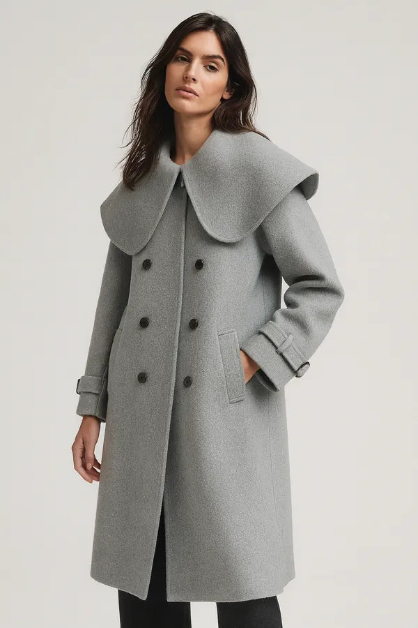 Stylish gray oversized collar coat for women - double breasted winter outerwear