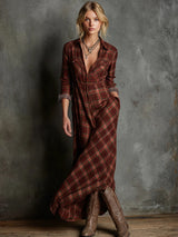 Casual Long Sleeve Lapel Plaid Long Dress