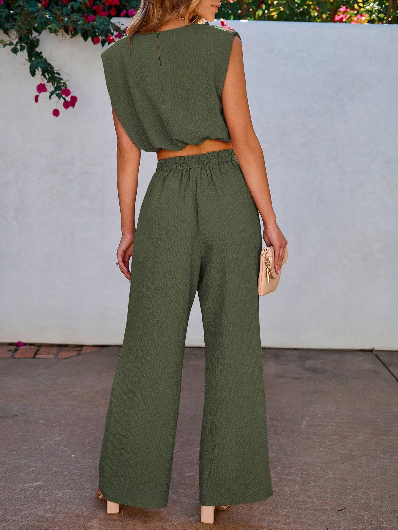 Women Solid Color Sleeveless Top And Long Pants 2-Piece Set For Vacation