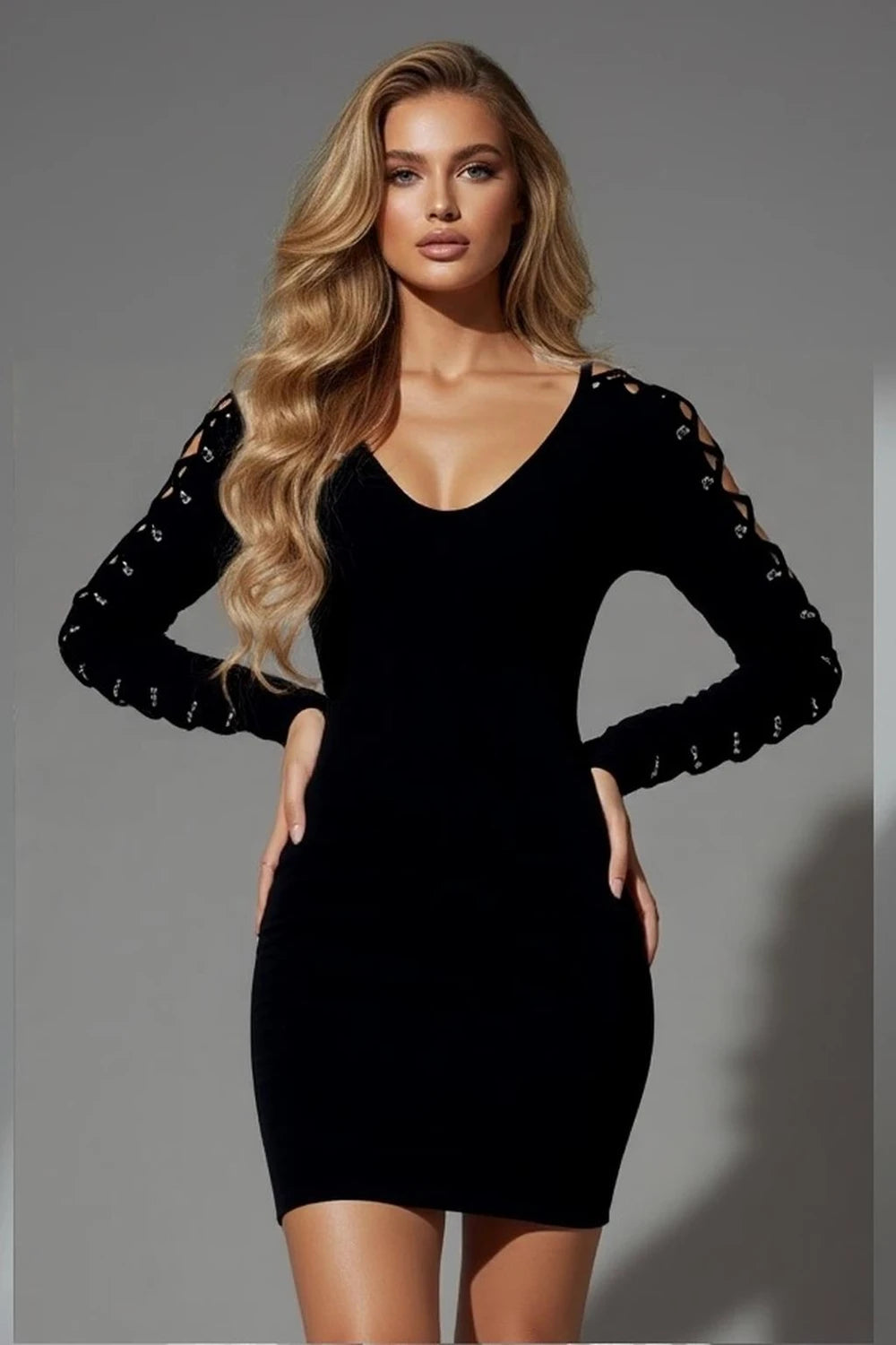 Stylish black bodycon mini dress with long cut-out sleeves and V-neckline for women