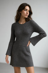 Chic gray ribbed knit sweater dress with long sleeves for women