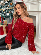 Sequin One Shoulder Long Sleeve Blouse-5