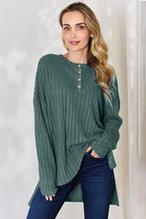 Basic Bae Full Size Ribbed Half Button Long Sleeve High-Low T-Shirt-Army Green-8