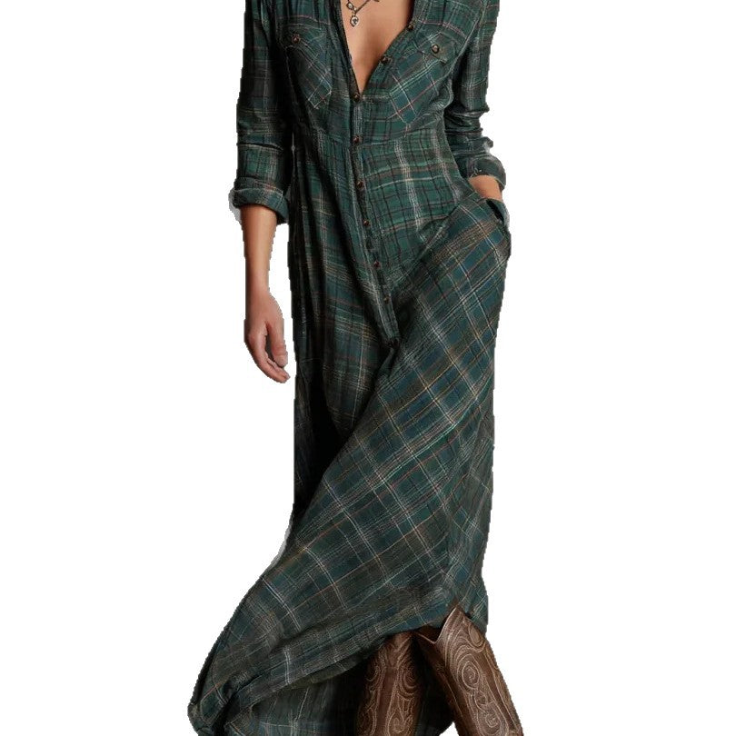 Casual Long Sleeve Lapel Plaid Long Dress