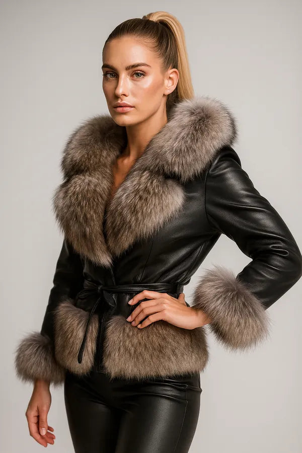 Women's black leather jacket with faux fur collar and cuffs - luxury winter style