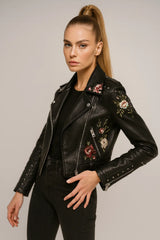 Women's black faux leather biker jacket with floral embroidery – edgy chic style