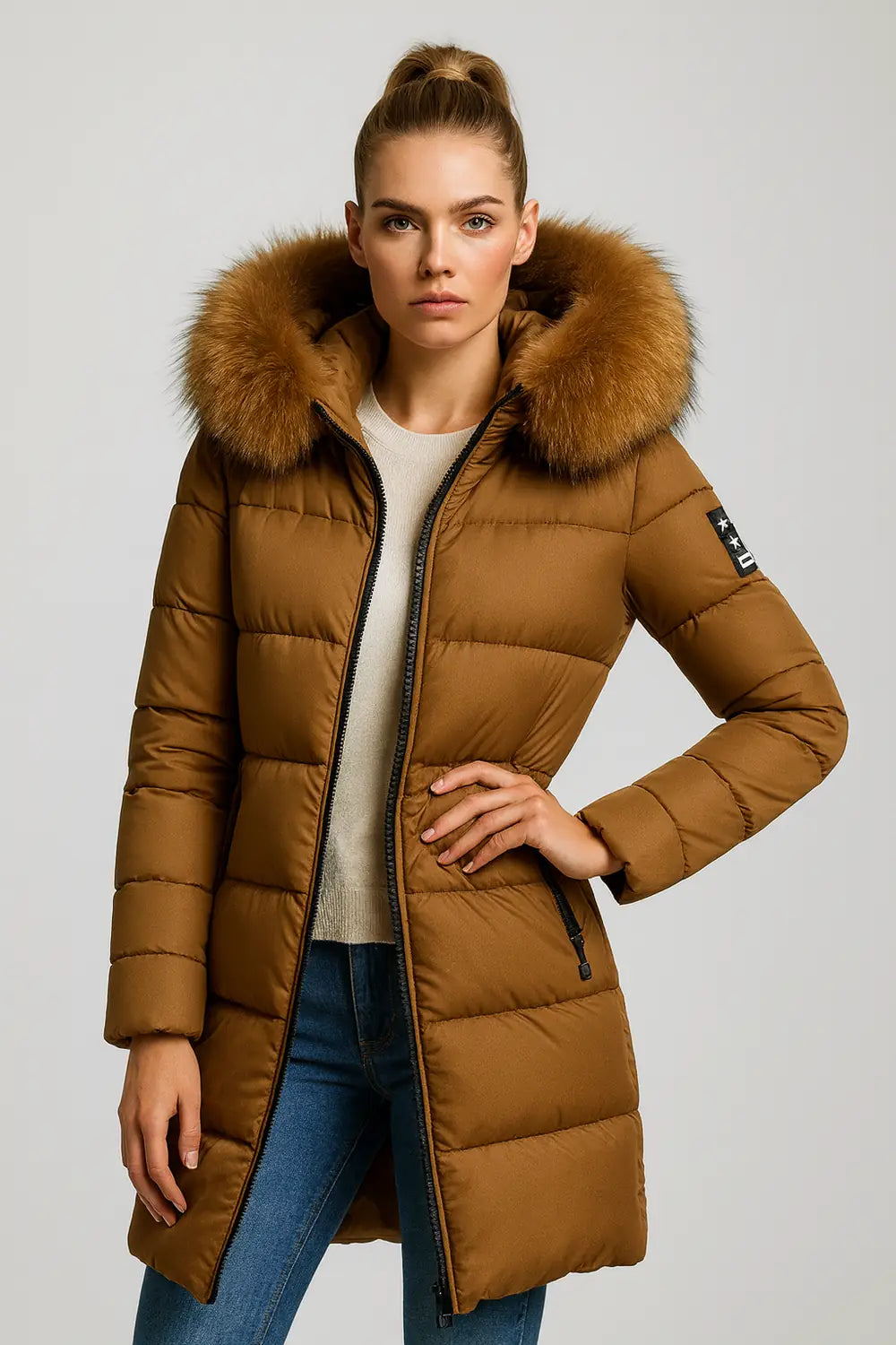 Women's camel brown puffer coat with faux fur hood - long winter jacket