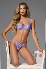 Elegant purple lace lingerie set for women - balconette bra and strappy thong