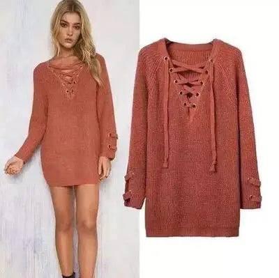 Women Sweater woman Sweaters V Neck Lace Up-6