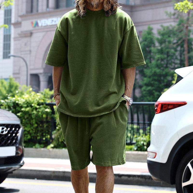 2pcs Loose Sports Suits Summer Round Neck Short-sleeved-Army Green-11