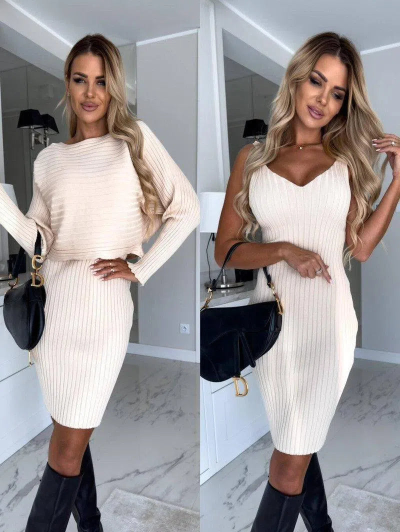 2pcs Suit Women's Solid Stripe Long-sleeved Top And Tight Suspender Skirt Fashion Autumn Winter Slim Clothing-Beige-9