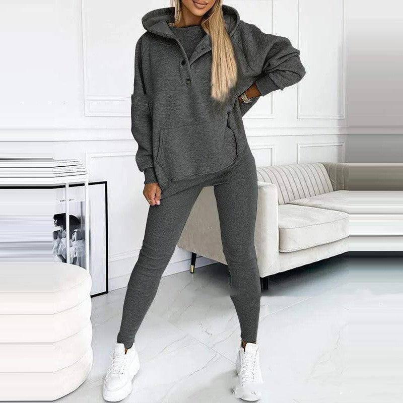 3pcs Women's Sports Suit Loose Hooded Pockets Sweatshirt And-Dark Grey-14