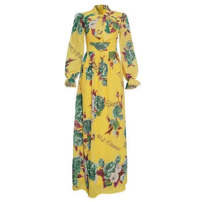 African Clothing Women's Chiffon Print Big Swing Dress Long-Yellow-4