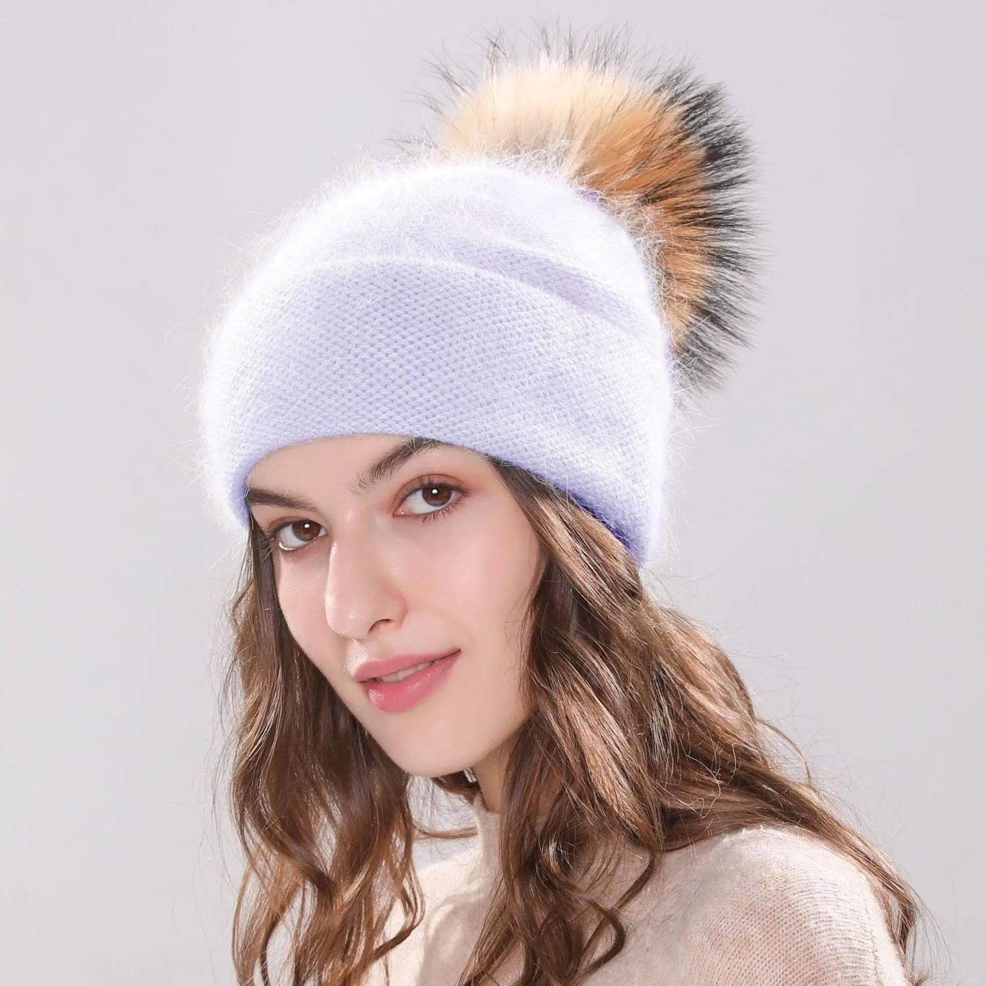 Angola Rabbit Fur Bonnet Girl 's Hat Fall Female Cap-BlueWhite-1