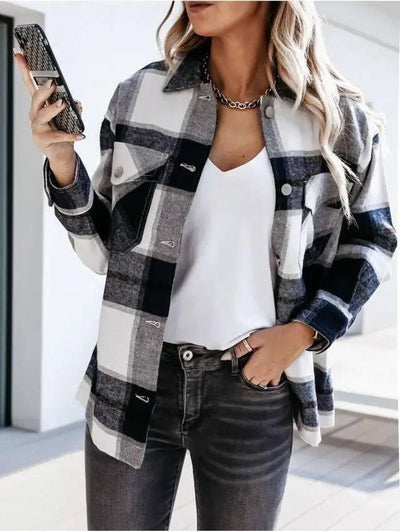 Autumn And Winter Long-Sleeved Plaid Shirt Jacket Women-Black-4