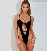 Bikini Ladies Bikini Solid Color Wind One-piece Swimsuit-Black-3