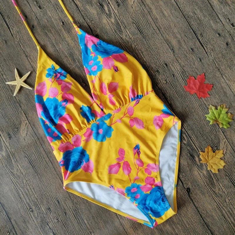 Bikini Multicolor Swimsuit One-Piece Swimsuit Ladies-Bigbluefloweronyellowback-1