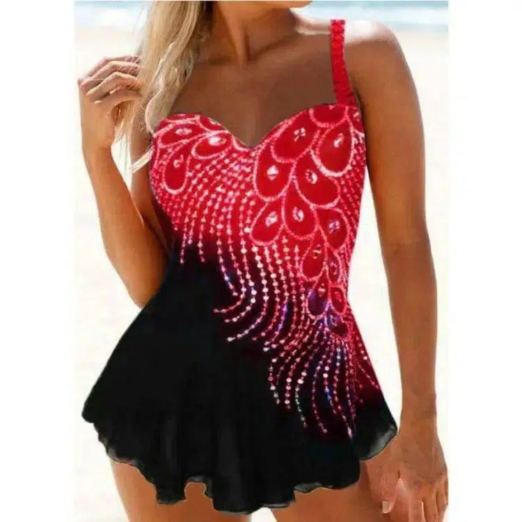 Bikini, Tube Top, Diamond And Feather Contrast Color-Red-1