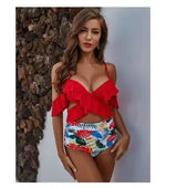 Bikini Women's Cross Swimsuit Off-shoulder Bikini Suit-Red-4