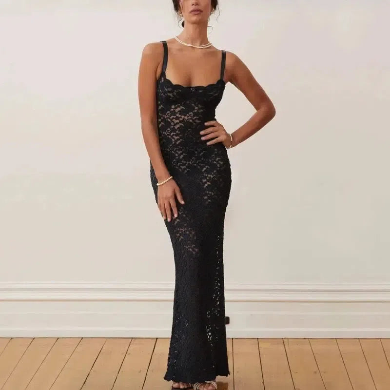 Black Lace Maxi Dress - Spaghetti Strap-Black-7