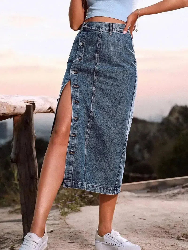 Button Irregular Slit Skirt Denim High Waist Long Skirt-Fried Flower Dark Blue-4